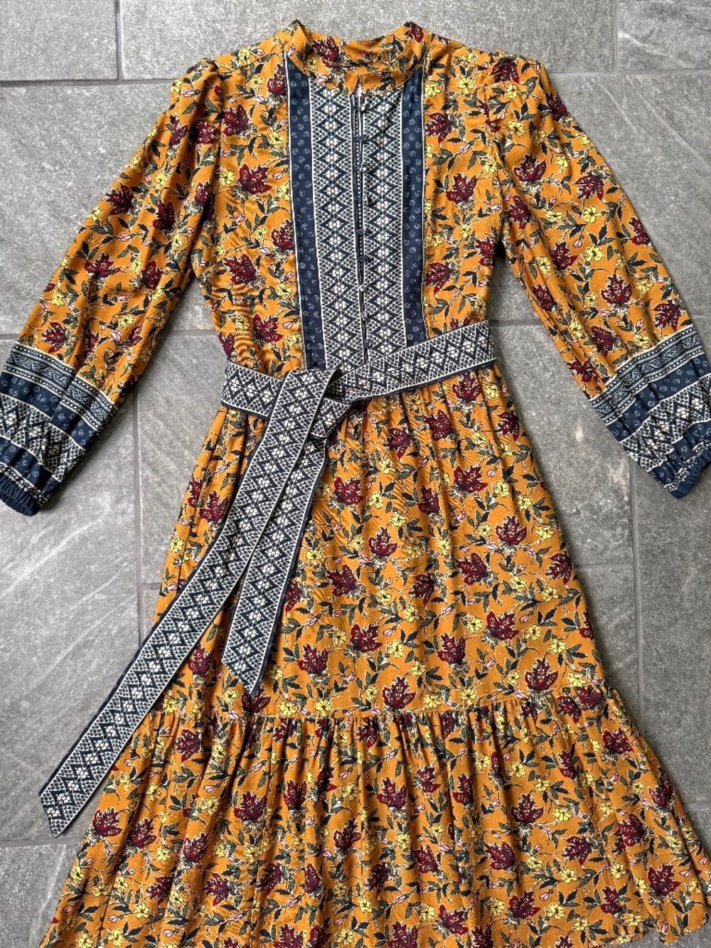 UNTUCKit Floral Border Print Tiered Midi Dress Mustard XS